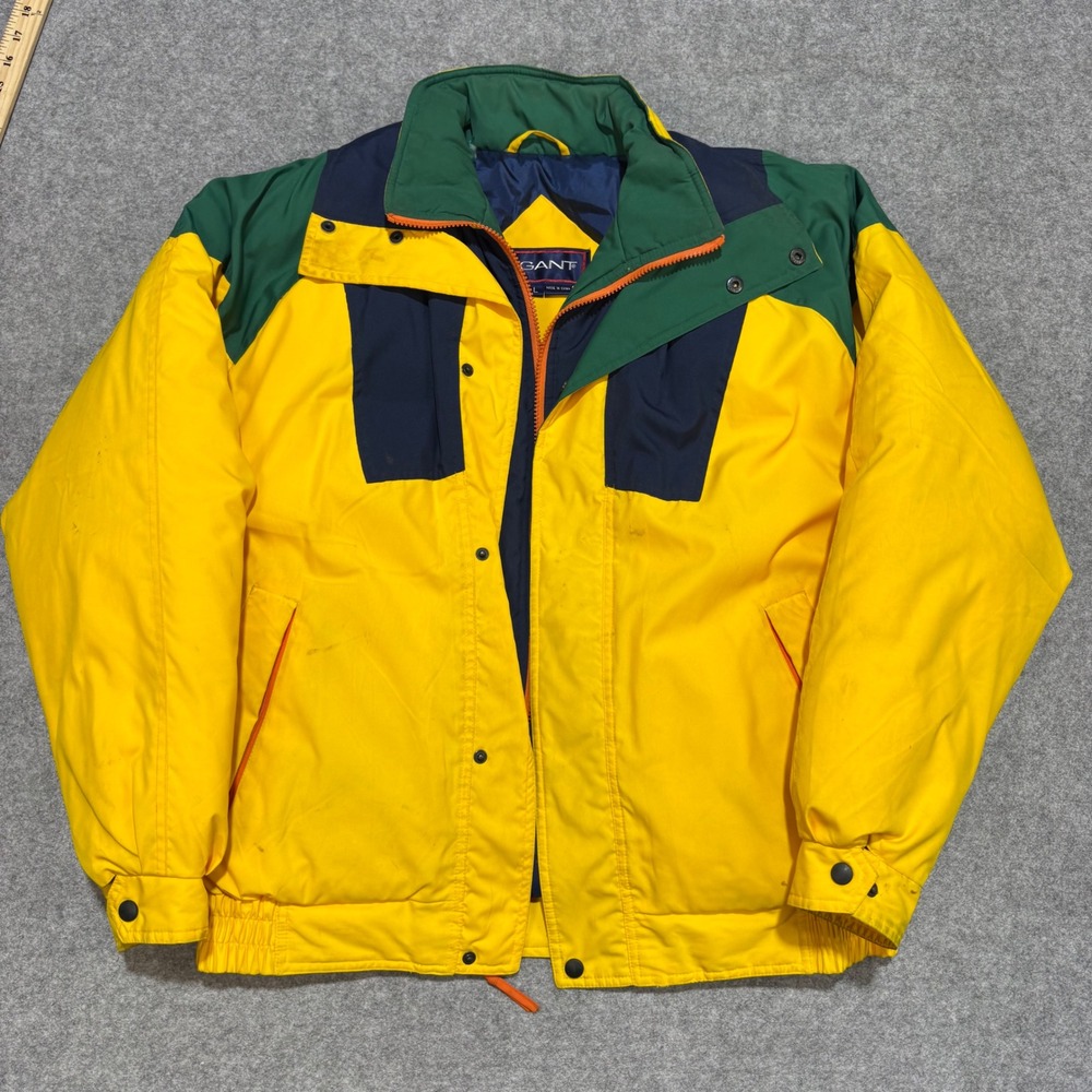 Vintage Gant Colorblock Puffer Jacket Mens Large Yellow Navy Green 90s Retro
